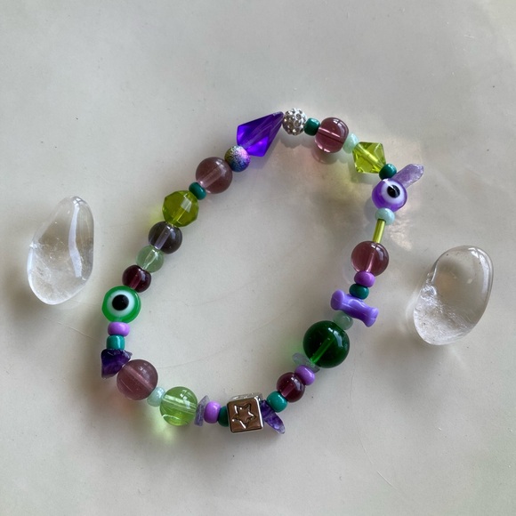 Fairy Fields Purple & Green Mixed Bead Beaded Bracelet Evil Eye Star Amethyst - Picture 1 of 2